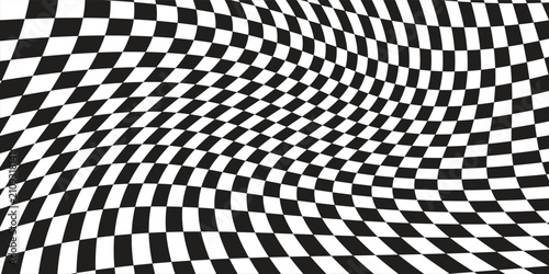 Abstract black and white checkered background with a wavy optical illusion warp effect, ideal for racing flags, modern patterns, and trippy geometric designs.