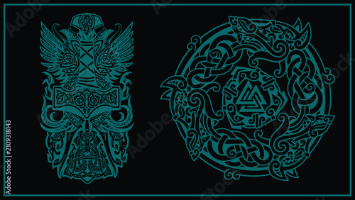 Obraz na płótnie Viking warrior emblem with wolf heads, runic symbols and Norse knotwork vector i