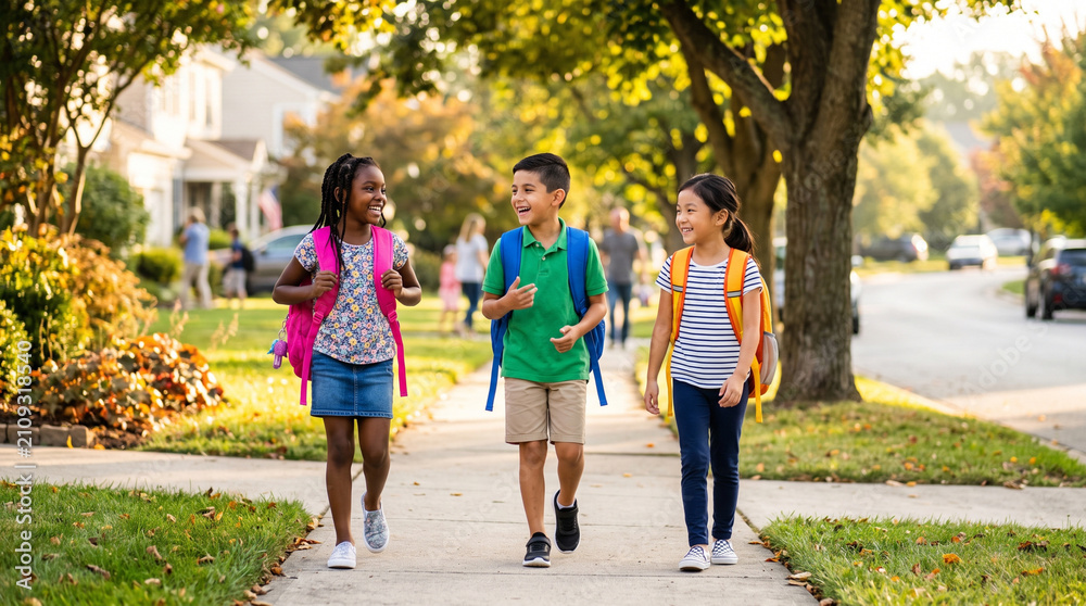 Fototapeta premium Diverse Elementary Kids with Backpacks Walking in Suburban Neighborhood