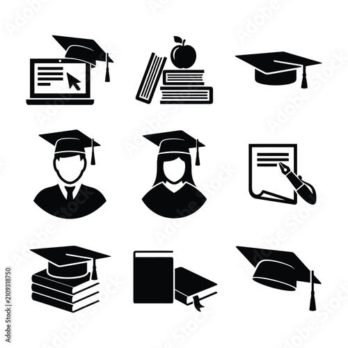 Black and White Icons Set Featuring Education and Academic Elements