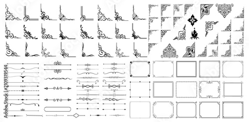Set of decorative corner elements. Divider ornament, borders, doodle, separators, page dividers, header,vector
