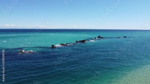 Aerial view of Tangalooma Wrecks in turquoise water
