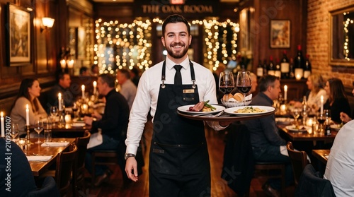A smiling waiter presents a tray of delicious food in a warm and inviting restaurant setting, illuminated by festive string lights and intimate candlelight.