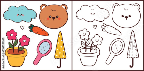 cute set of hand drawn cartoon bear with plant and cute element stuff for coloring page and coloring book