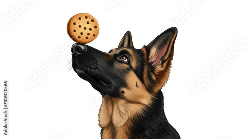 German Shepherd balancing cookie on nose, isolated