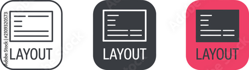 Photos Layout Design Icon Set featuring document formatting, web page structure, user interface elements, outline glyph symbols, and flat design vector graphics for digital projects