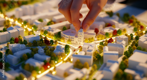 Hand placing miniature building on urban layout. Architect working on scaled city development with illuminated streets. Real estate investment concept for construction and architectural marketing.