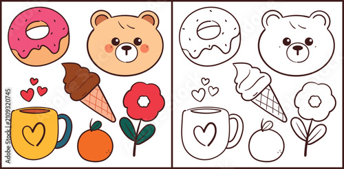 cute set of hand drawn cartoon bear with dessert and flower for coloring page and coloring book