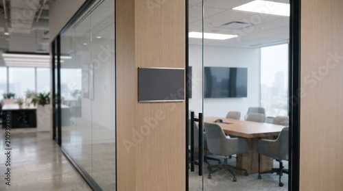 Modern office meeting room with glass walls. Professional boardroom for corporate business.