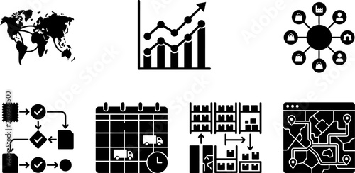 Global supply chain management and logistics icon set featuring distribution network inventory demand forecasting and route optimization
