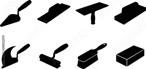 Bild auf Leinwand Masonry and Plastering Hand Tool Silhouette Icon Set Featuring Trowels Floats an