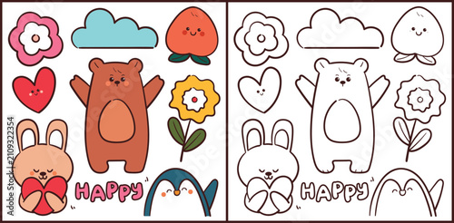 cute set of hand drawn cartoon animals with plant and sky element for coloring page and coloring book