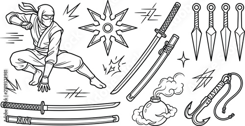 Fotografie Ninja Warrior Vector Icon Set with Shuriken Katana Sword Kunai Daggers Smoke Bom