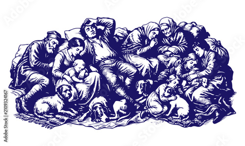 Vintage woodcut illustration of refugees resting, historical engraving of displaced family with children and dogs, antique blue ink sketch of migrants