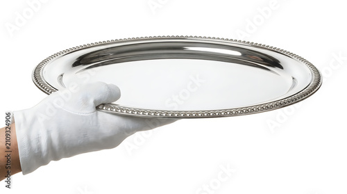 Waiter holding an empty silver serving tray illustration