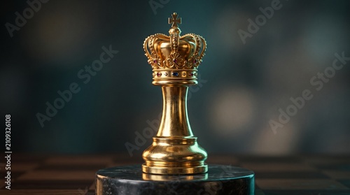 Golden King Chess Piece: A gleaming gold king chess piece, symbolizing power, strategy, and victory, stands majestically on a marble pedestal.