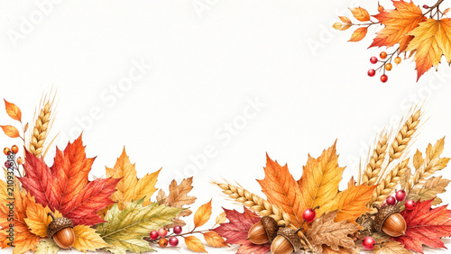 Autumn Leaves and Acorns Border in Colored Pencil with Copy Space