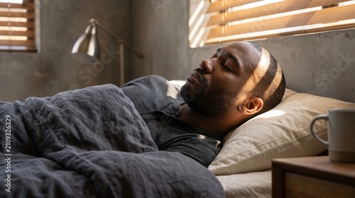 Serene young Black man rests beneath charcoal linen while narrow window-blind rays cross his forehead and cheek, creating a quiet dawn mood inside a concrete bedroom with an industrial bedside lamp