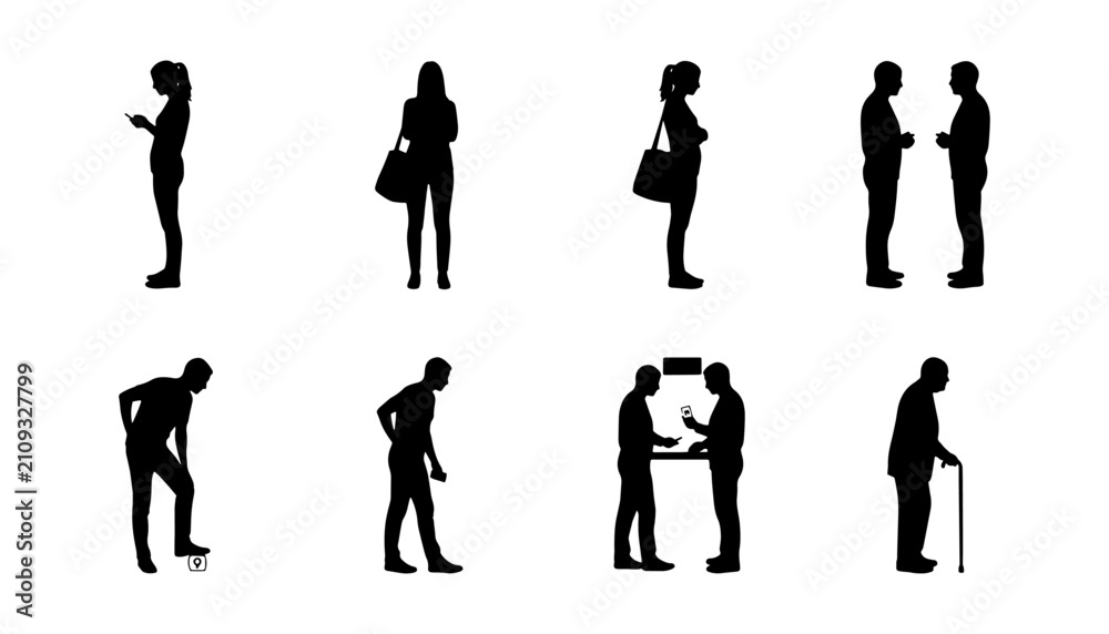 Obraz premium Collection of black silhouettes featuring people standing, talking, using smartphones, interacting, and senior walking poses. Perfect for architecture, floor plans, presentations, urban planning