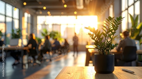 Modern office interior with a potted plant on a wooden desk during sunset with colleagues working