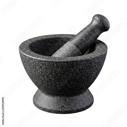 Fotografía Traditional dark granite mortar and pestle kitchen tool for grinding herbs and spices