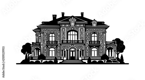Ornate Victorian Mansion Silhouette Black and White Vector Illustration