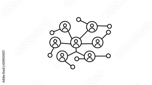 black animated social network icon. Network of connected people with peripheral circle nodes, ideal for illustrating social networks, teamwork, connectivity, relationships, communication, technology.