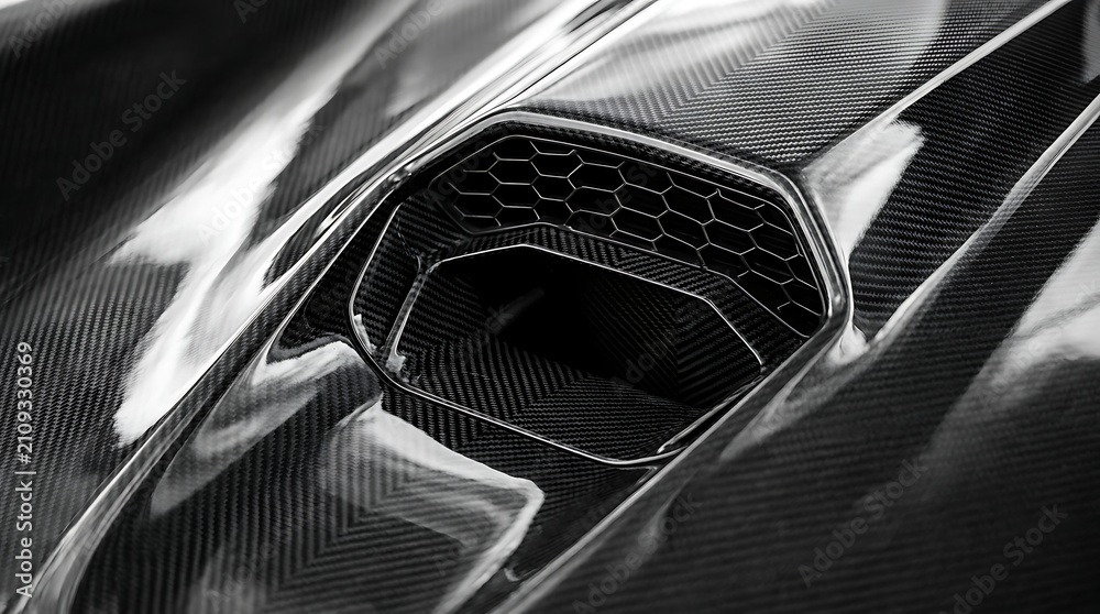 Naklejka premium Black carbon fiber vehicle panel detail with aerodynamic air intake hood design