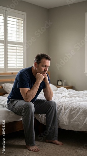 A man sitting on the edge of his bed, looking contemplative and worried. His hands are clasped under his chin, and his brow is furrowed