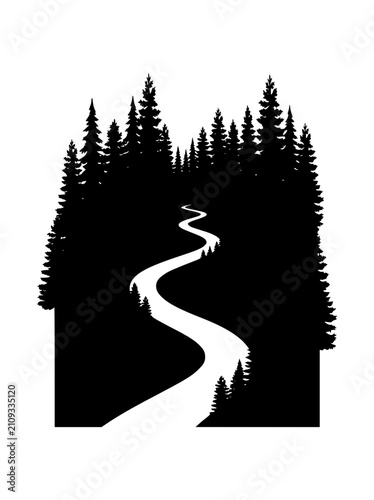 Winding Road through Pine Forest Silhouette Minimalist Vector Art