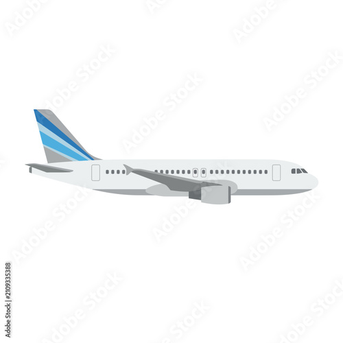 Side view of a commercial passenger airplane isolated on white background