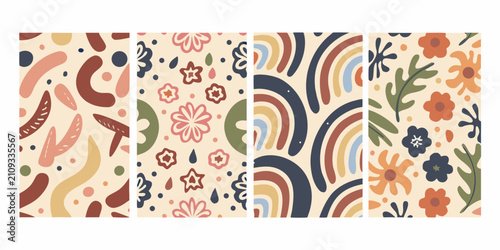 Fotografie Abstract floral and rainbow patterns on four rectangular panels vector illustrat