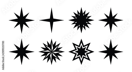 Star shaped Compass Rose Silhouettes Flat Vector Illustration On White Background