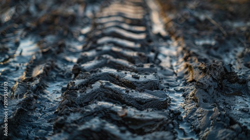Warehouse forklift tire track in dark mud captured with Canon EOS R5