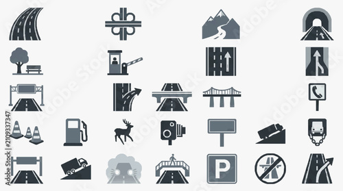 Foto Clean Minimalist Black and White Icons Set of Various Road and Travel Symbols fo