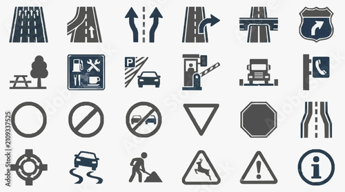 Canvastavla Industrial Minimalist Black and White Road Signs and Traffic Symbols Set with hi