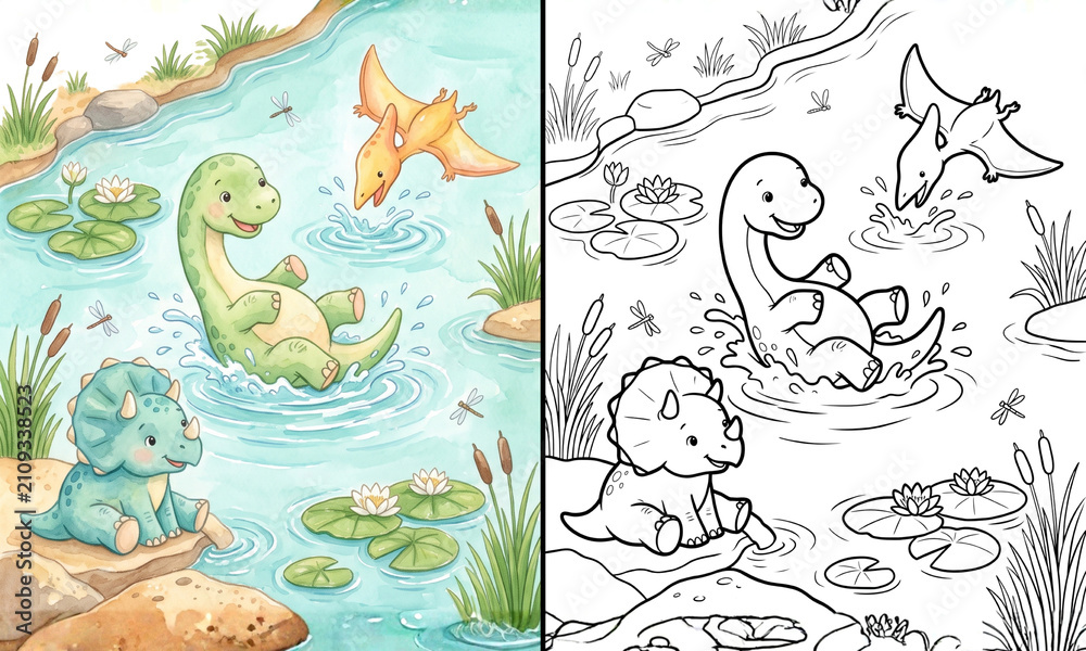 Obraz premium Cute Dinosaur Swimming River Coloring Page Kids Activity Pastel Watercolor Split Illustration Printable Sheet