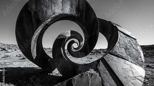 Black and white spiral sculpture in desert landscape.