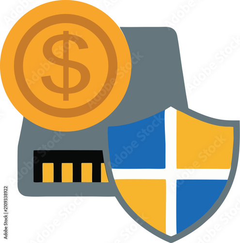 Cyber security and financial data protection concept, microchip with money coin and shield symbol