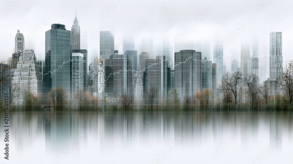 Fototapeta premium Abstract Cityscape with Financial Graph Overlay and Water Reflections on a Moody Overcast Day