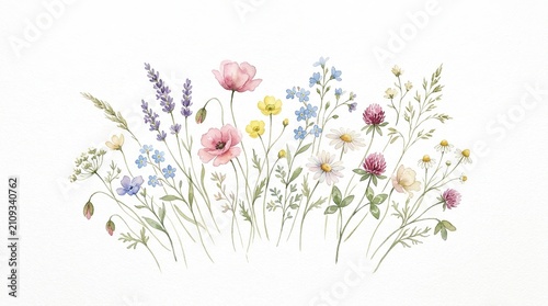 Watercolor Wildflower Meadow Collection, Delicate Floral Arrangements for Spring and Summer Designs, Botanical Art with Pastel Hues isolated on White Background