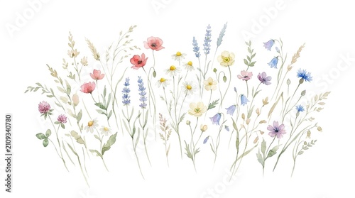 Delicate Watercolor Wildflower Meadow Collection, Botanical Floral Elements, Soft Pastel Garden Illustration, Romantic Summer Bloom Design isolated on White Background