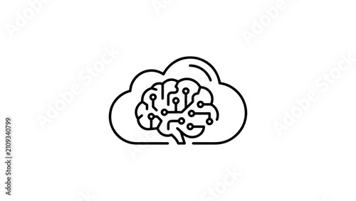 Artificial intelligence cloud brain icon, futuristic technology vector line art, isolated on white background , Cloud computing icon connected with AI circuits