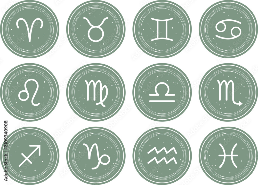 Fototapeta premium Zodiac Sign Astrology Icon Set Featuring Twelve Minimalist Horoscope Symbols on Green Textured Round Badges for Mystic Esoteric Graphic Design
