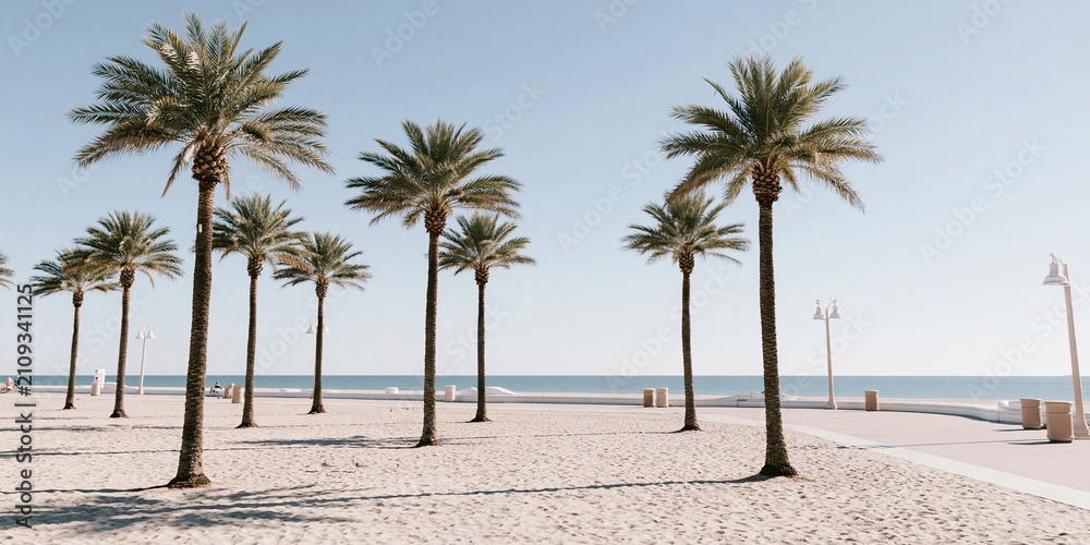 Fototapeta premium Tropical Beach Scene with Palm Trees and Gentle Ocean Waves Under a Clear Blue Sky