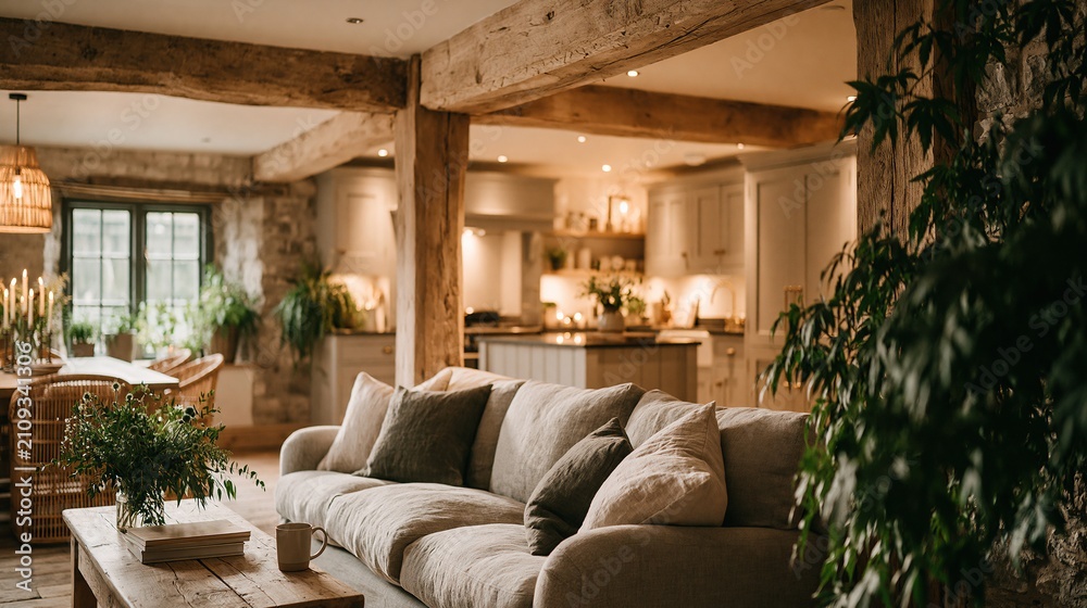 Obraz premium Cozy Rustic Living Room with Exposed Beams and Open Plan Kitchen, Inviting Natural Light