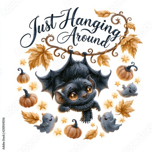 Charming bat with pumpkins and playful ghosts for a fun Halloween design