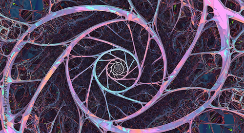 Iridescent metallic spiral fractal tunnel with spiraling metallic lattice structure forms deep