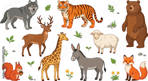 Photography Cute Wild and Domestic Animals Cartoon Characters Vector Clipart Set