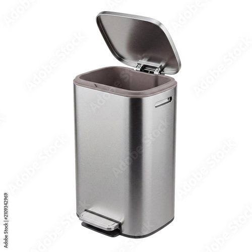 Modern stainless steel pedal trash can with an open rectangular lid, revealing the inner bin.